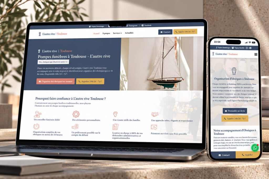 Page d'accueil du site L'Autre Rive, pompes funèbres à Toulouse
