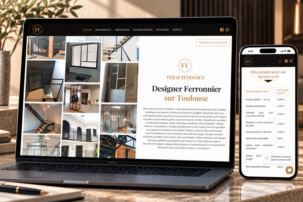 Page d'accueil du site Fer & Tendance, ferronnerie sur mesure à Toulouse