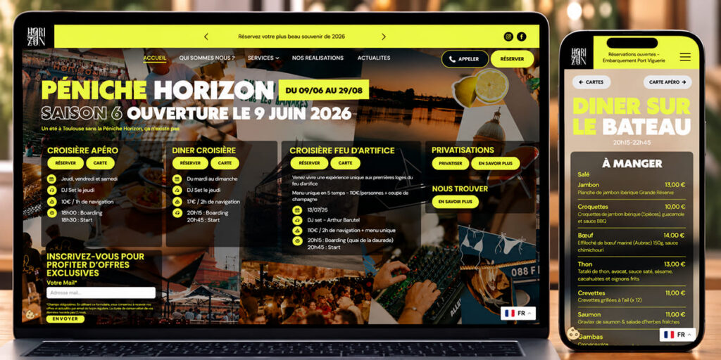 Page d'accueil du site Péniche Horizon, dîners croisière à Toulouse