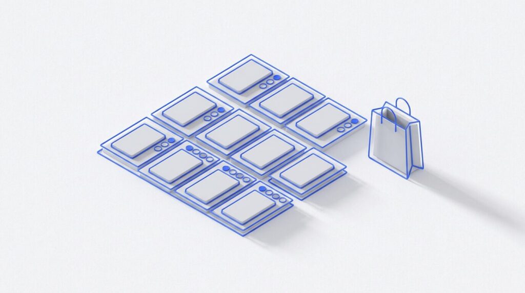 Illustration d'une grille de fiches produits, préparation d'un catalogue WooCommerce